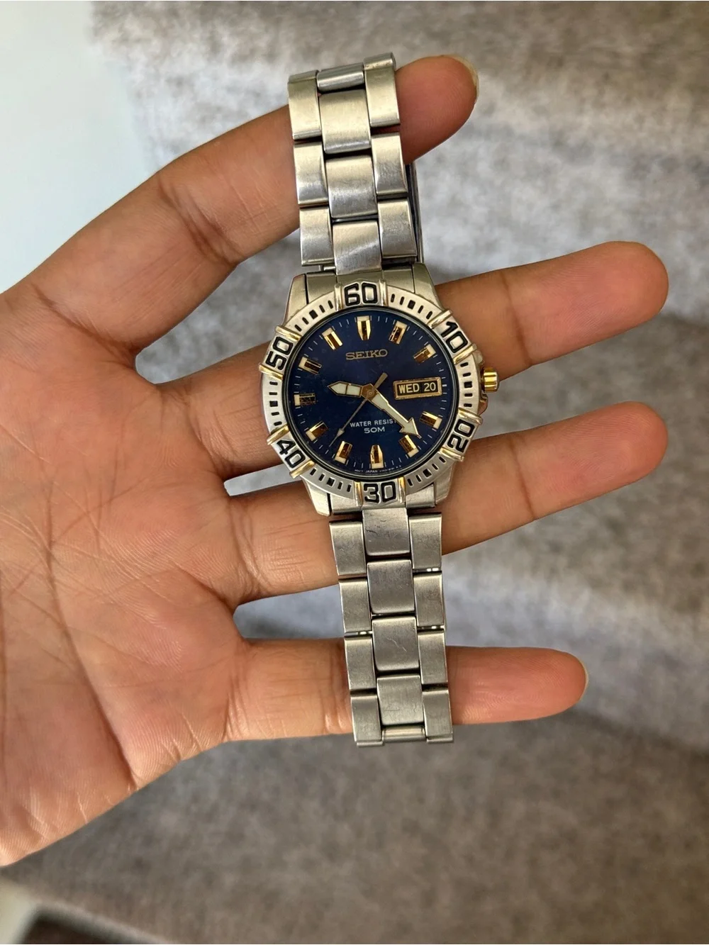 Seiko Blue Dial Stainless Steel Watch with Gold Accents Mens Watch